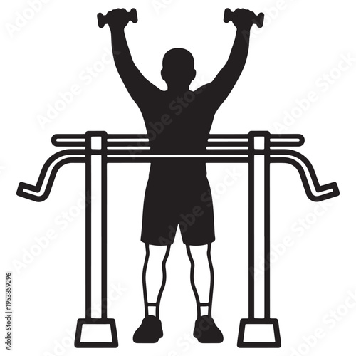 Man exercising with dumbbells and parallel bars fitness equipment outdoors