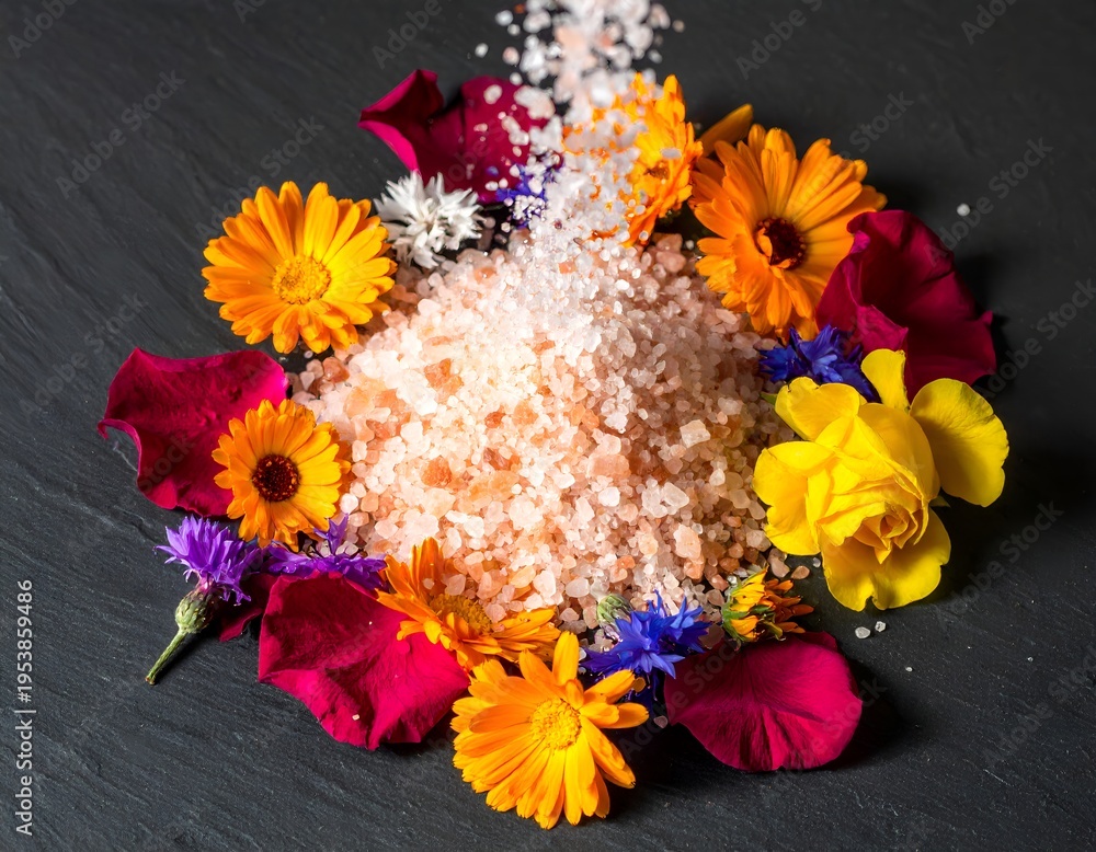 Fototapeta premium Himalayan pink salt pile with colorful edible flowers on dark stone background, spa and wellness concept.