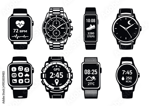 Assortment of wearable gadgets, such as activity monitors, smartwatches, and watches displaying heart rate, GPS, and step count