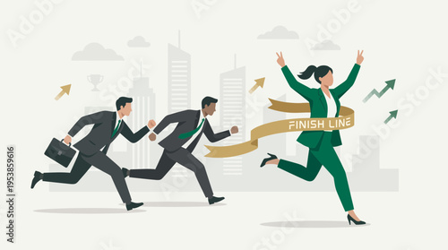 Professional businesswoman winning a race ahead of male managers crossing the finish line, concept for achieving business goals, career development and competitive corporate growth