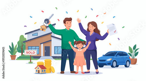 Happy family holding new house keys and property contract in front of their sold suburban home, concept for real estate investment, mortgage loan approval and new beginning family life
