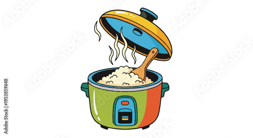 Steaming rice cooker illustration with open lid and wooden spoon