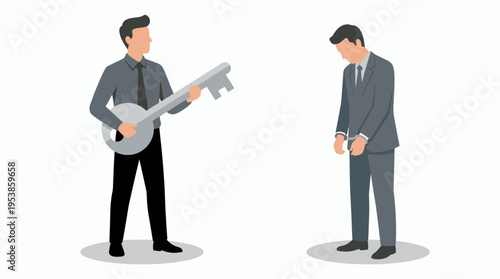 financial auditor holding giant key in front of arrested corporate manager with handcuffs, concept for justice representation, corporate accountability and ethics compliance