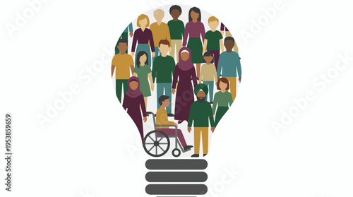 Diverse professional business people and disabled manager inside lightbulb shape, concept for teamwork collaboration, workplace inclusion and corporate innovation