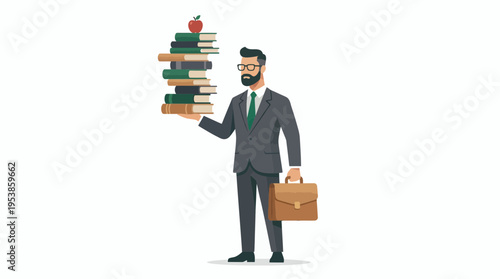 bearded male project manager in suit balancing a stack of books with an apple on top, concept for continuous learning, professional development and corporate training
