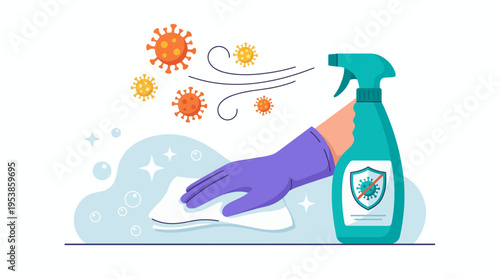 person wearing protective glove cleaning surface with spray bottle and cloth to remove virus, concept for home hygiene presentation, professional office sanitization and medical health awareness