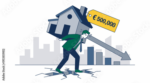 Stressed financial consultant carrying heavy house model with price tag on cracked ground, concept for real estate crisis, property market crash and mortgage debt management
