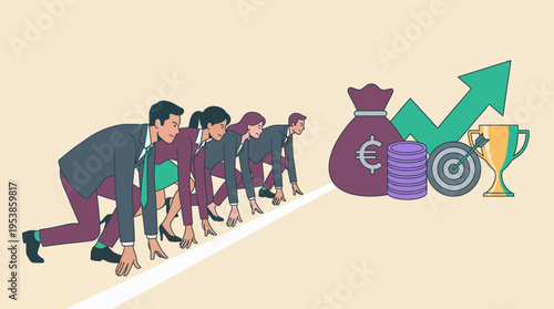 group of corporate project managers in starting position running toward financial success symbols, concept for business competition, strategic planning and professional growth
