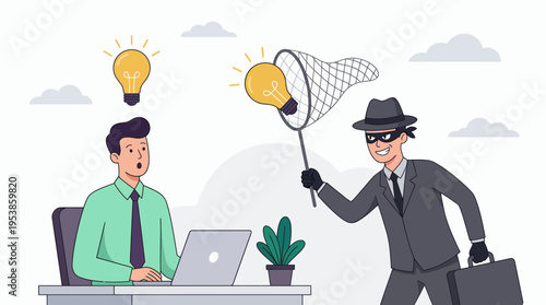 A businessman working on laptop gets his idea stolen by a mysterious thief with a net, concept for intellectual property protection, corporate espionage prevention and business security awareness