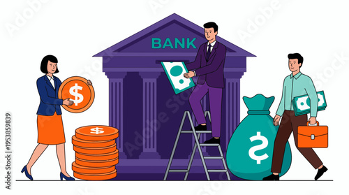 financial analyst woman and investment manager man with bank teller working at building, concept for banking operations, wealth management and financial savings