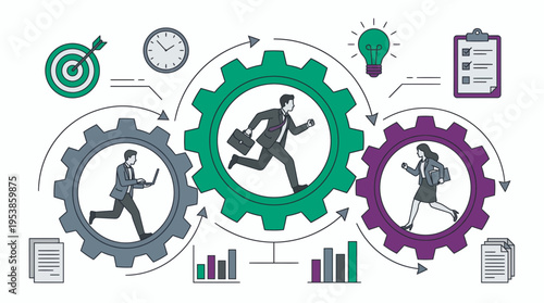 flat illustration of business analyst, project manager and marketing executive running inside connected gears with professional icons, concept for corporate workflow, team synergy and productivity
