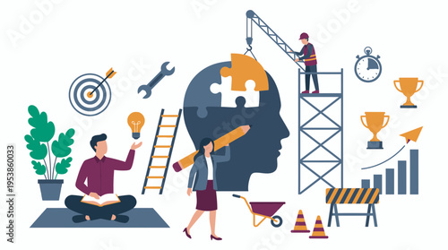 Professional graphic designer and software developer working on human head puzzle brain development, concept for creative innovation, professional growth and mental building strategy