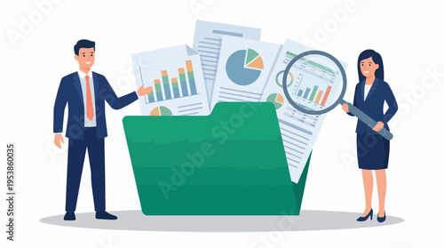 male financial analyst and female auditor reviewing paper documents inside green folder, concept for business research, data analysis and corporate audit