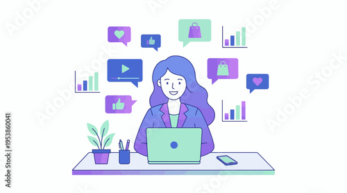 female digital marketing manager working on laptop with social media icons and analytics charts, concept for online business strategy, e-commerce growth and influencer management