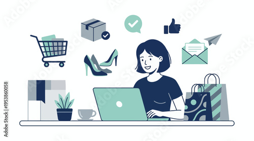 young female ecommerce manager working on laptop with shopping icons, concept for online business promotion, retail strategy and digital marketing