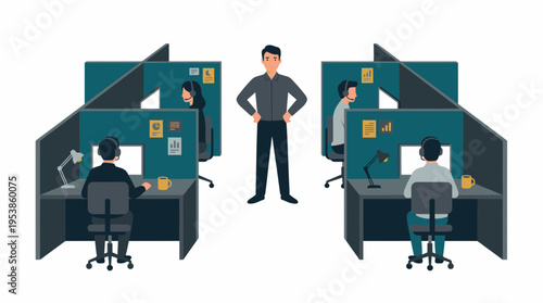 Manager standing in modern open office with call center agents working at cubicles, concept for business management, customer service efficiency and workplace productivity
