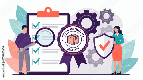 production manager and quality control specialist examining product standards with checklist and badge, concept for quality assurance, industrial inspection and manufacturing standards