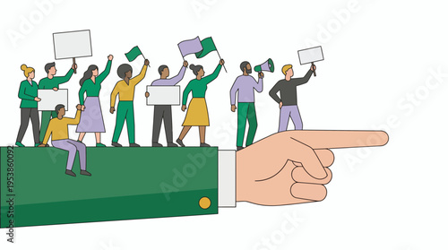 diverse group of activists and office workers demonstrating with placards and megaphone on a giant boss hand, concept for social movement, corporate leadership and organizational change