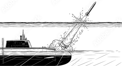 Black submarine launching missile underwater.