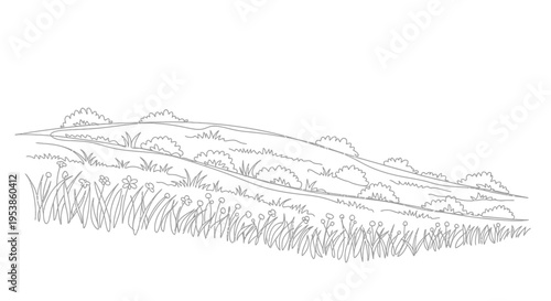 Sketch of a Rolling Hillside with Wildflowers and Grass, Hand-drawn Line Art