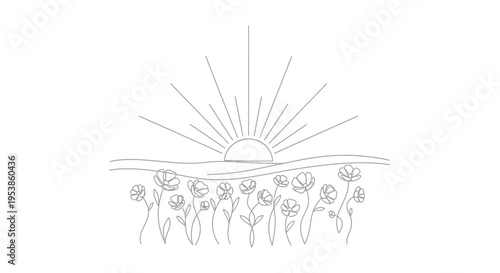 Minimalist line art sunrise over field of wildflowers, simple floral landscape