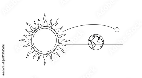 Simple Line Drawing of Sun, Earth, and Moon Orbit