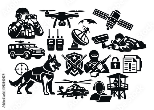 Military and security equipment collection illustrating defense, surveillance, and tactical operations. Soldier, police, and counter-terrorism elements
