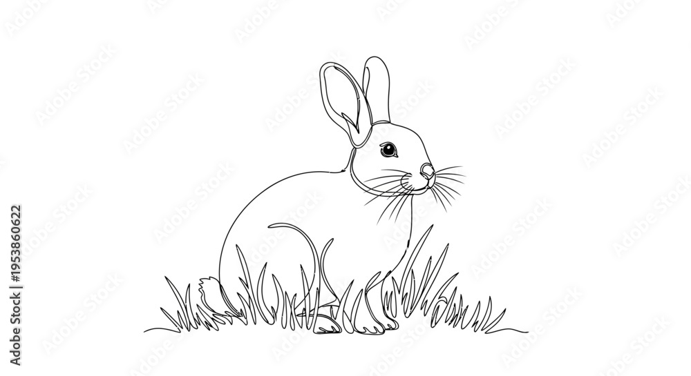 Fototapeta premium Line Art Rabbit Sitting in Grass Illustration