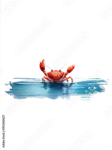 Red Crab on Blue Brush Background – Minimal Coastal Illustration