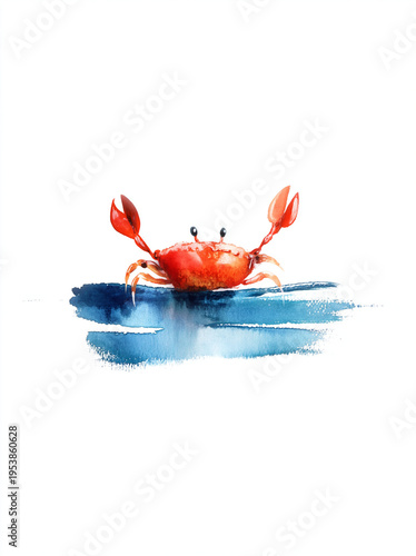 Minimal Red Crab with Blue Brush Stroke – Modern Marine Illustration