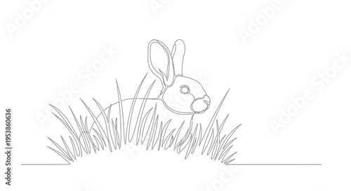 Continuous line drawing of a rabbit peeking from tall grass.