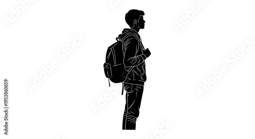 Man wearing backpack standing alone outside.