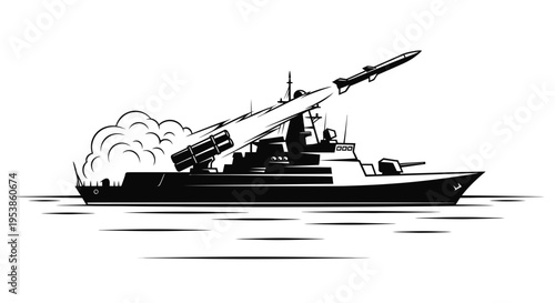 Military boat with missile launcher firing.