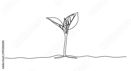 Single line drawing of a young plant seedling growing from soil, symbolizing growth and new beginnings
