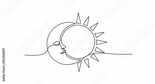 Minimalist sun and moon face line art, day and night concept