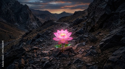 Majestic Pink Lotus Flower Blooms Amid Rugged Mountain Landscape at Dawn with Dramatic Sky and Rocky Terrain