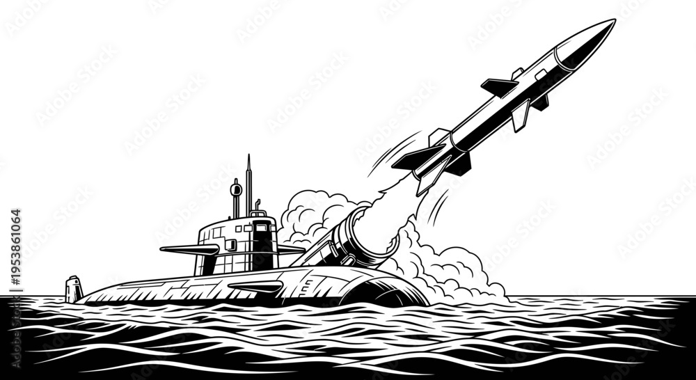 Fototapeta premium Submarine launching a missile into air.