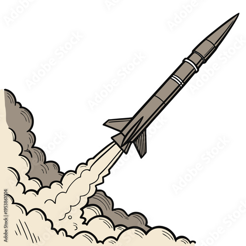 Gray rocket ship launching with smoke and clouds spaceship