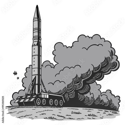 Black and white rocket launch with smoke cartoon