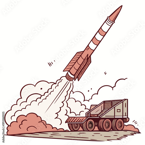 Red and white missile launch from truck smoke cartoon