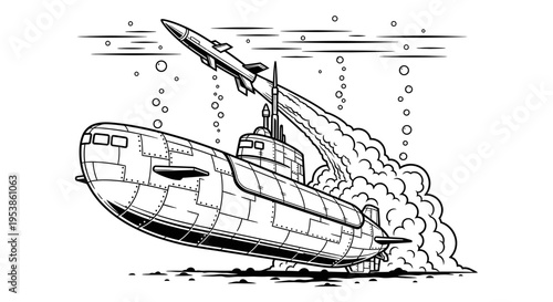 Submarine launching missile underwater scene.
