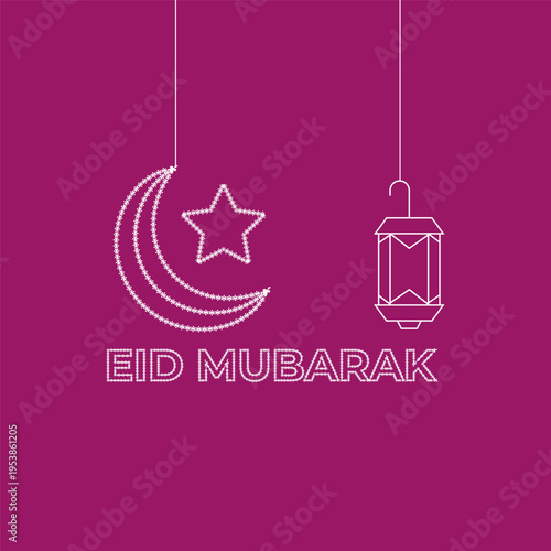 Eid Mubarak Greeting with Moon, Star, and Lantern Illustration