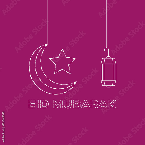 Eid Mubarak Greeting with Moon, Star, and Lantern Illustration