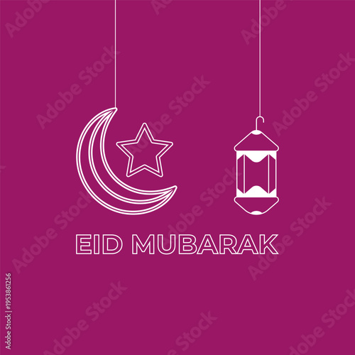 Eid Mubarak Greeting with Moon, Star, and Lantern Illustration