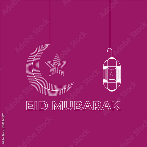Eid Mubarak Greeting with Moon, Star, and Lantern Illustration