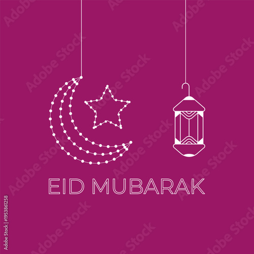 Eid Mubarak Greeting with Moon, Star, and Lantern Illustration