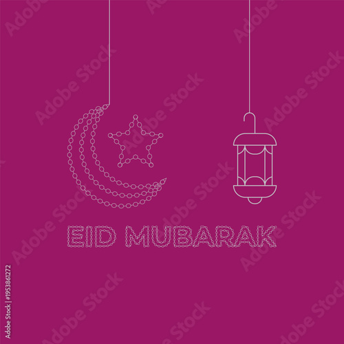 Eid Mubarak Greeting with Moon, Star, and Lantern Illustration