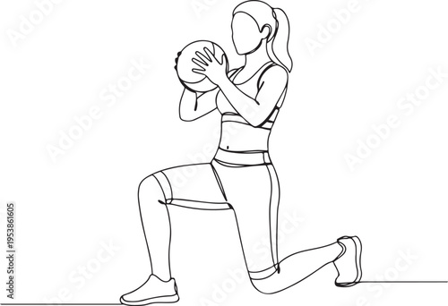 Continuous single line drawing of a woman performing a lunge exercise holding a medicine ball ball