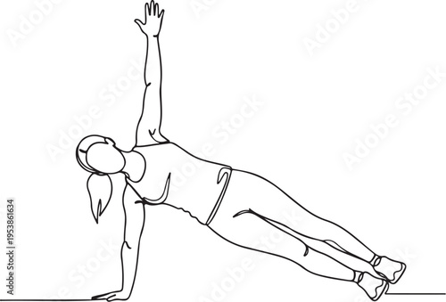 Continuous single line drawing of a woman performing a side plank exercise for core strength gain