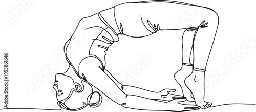 Minimalist one line drawing of a woman practicing a bridge yoga pose on a plain white background